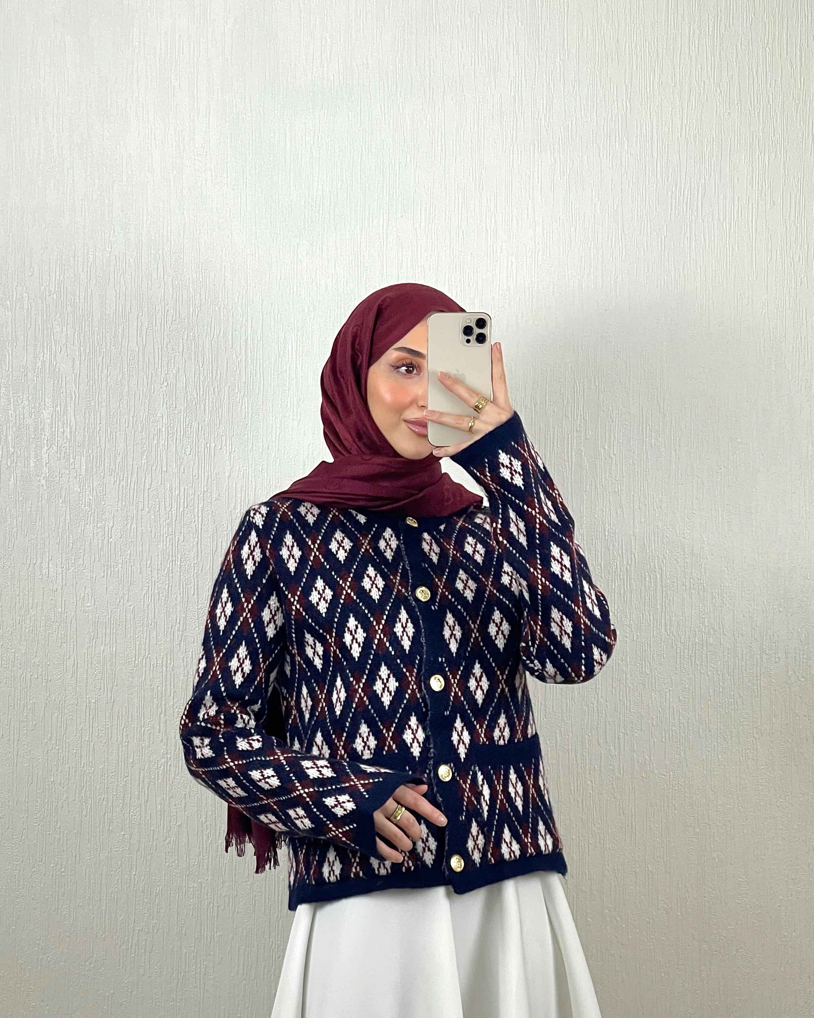 Argyle Knit Cardigan – Marine/Burgunder