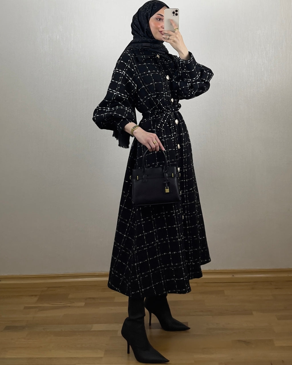 Grid Tweed Kjole – svart