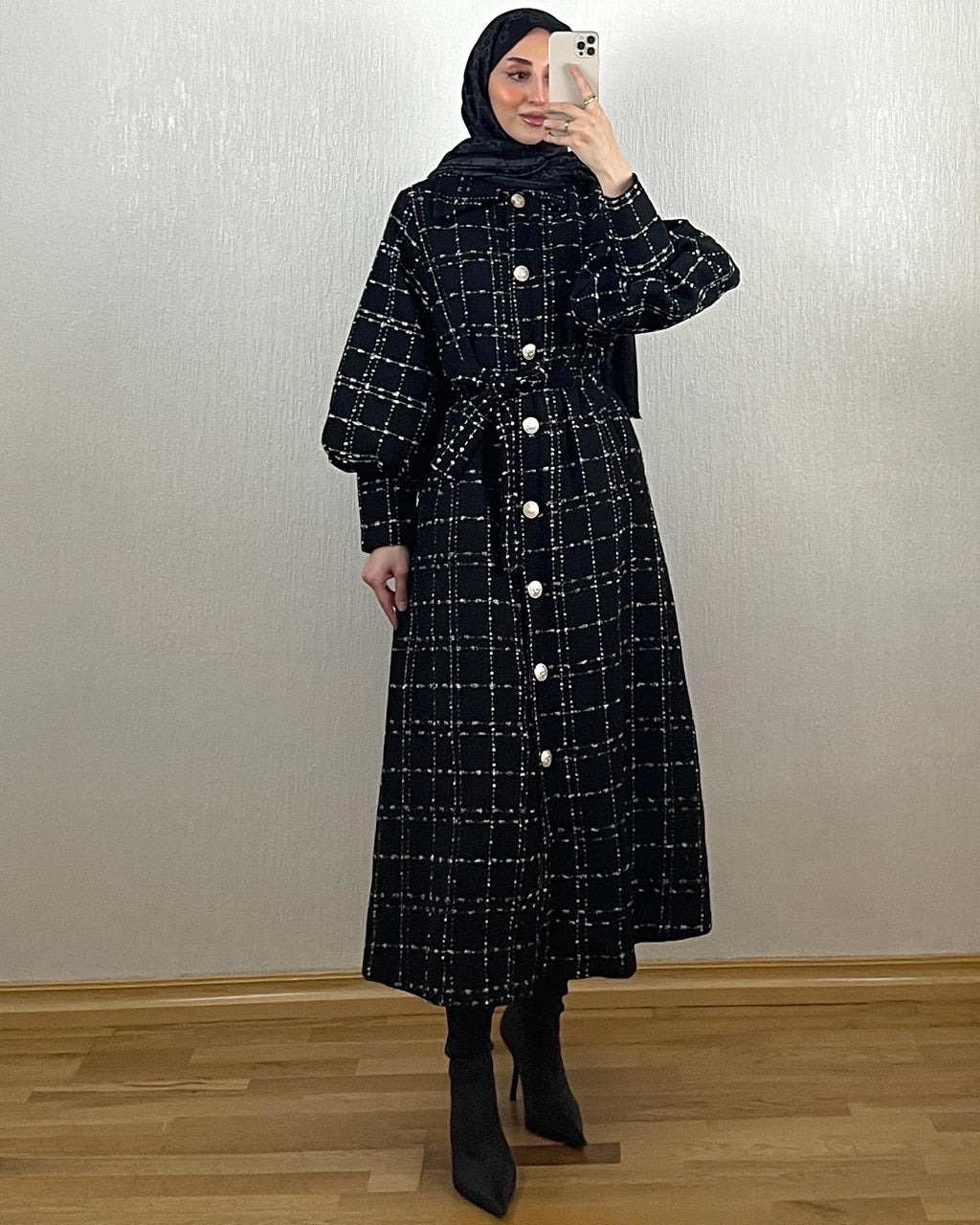 Grid Tweed Kjole – svart