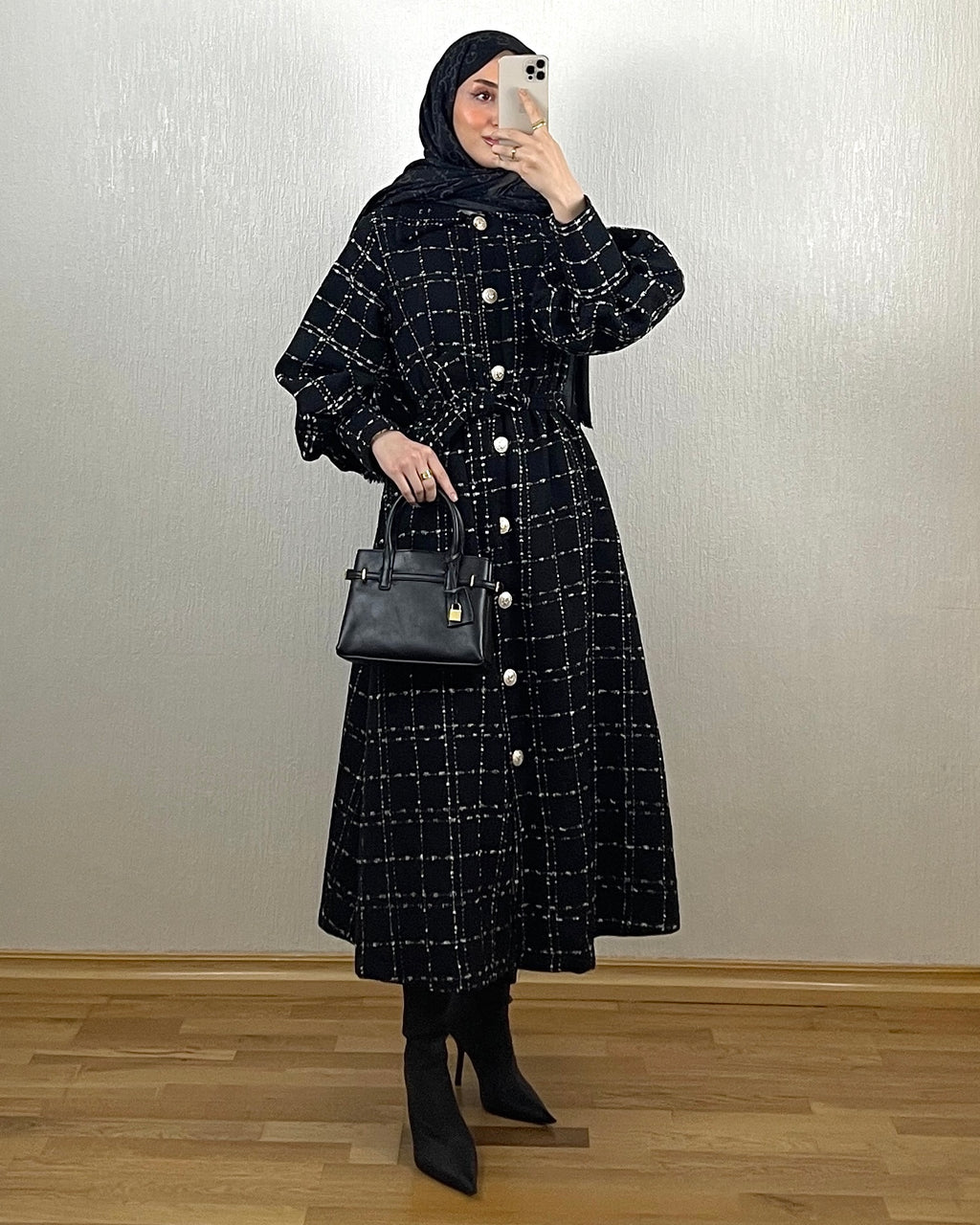 Grid Tweed Kjole – svart